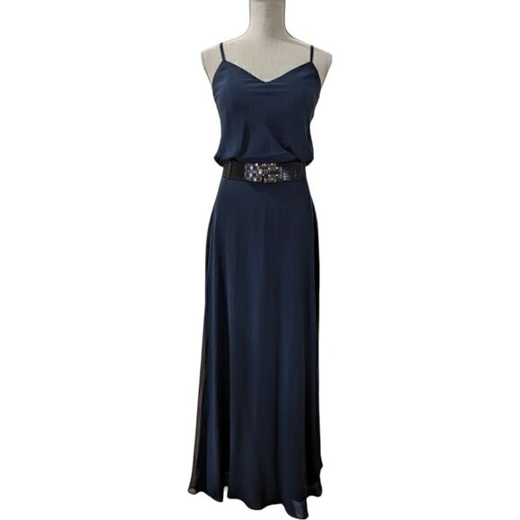 Birdy Grey Bridesmaid A-line Chiffon Crepe Maxi Dress Waist Belt in Navy Size XS - Picture 1 of 6